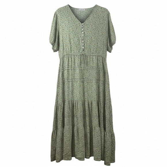 Sweet Salt Dresses & Skirts - Sweet Salt Sage Green Ditsy Floral Tiered Midi Dress Size 18 Short Sleeve Pocket